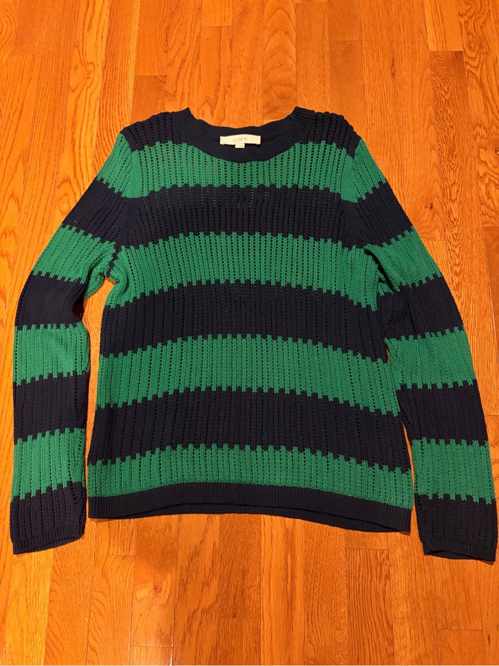 LOFT Striped Crewneck Sweater in Green and Navy, large
